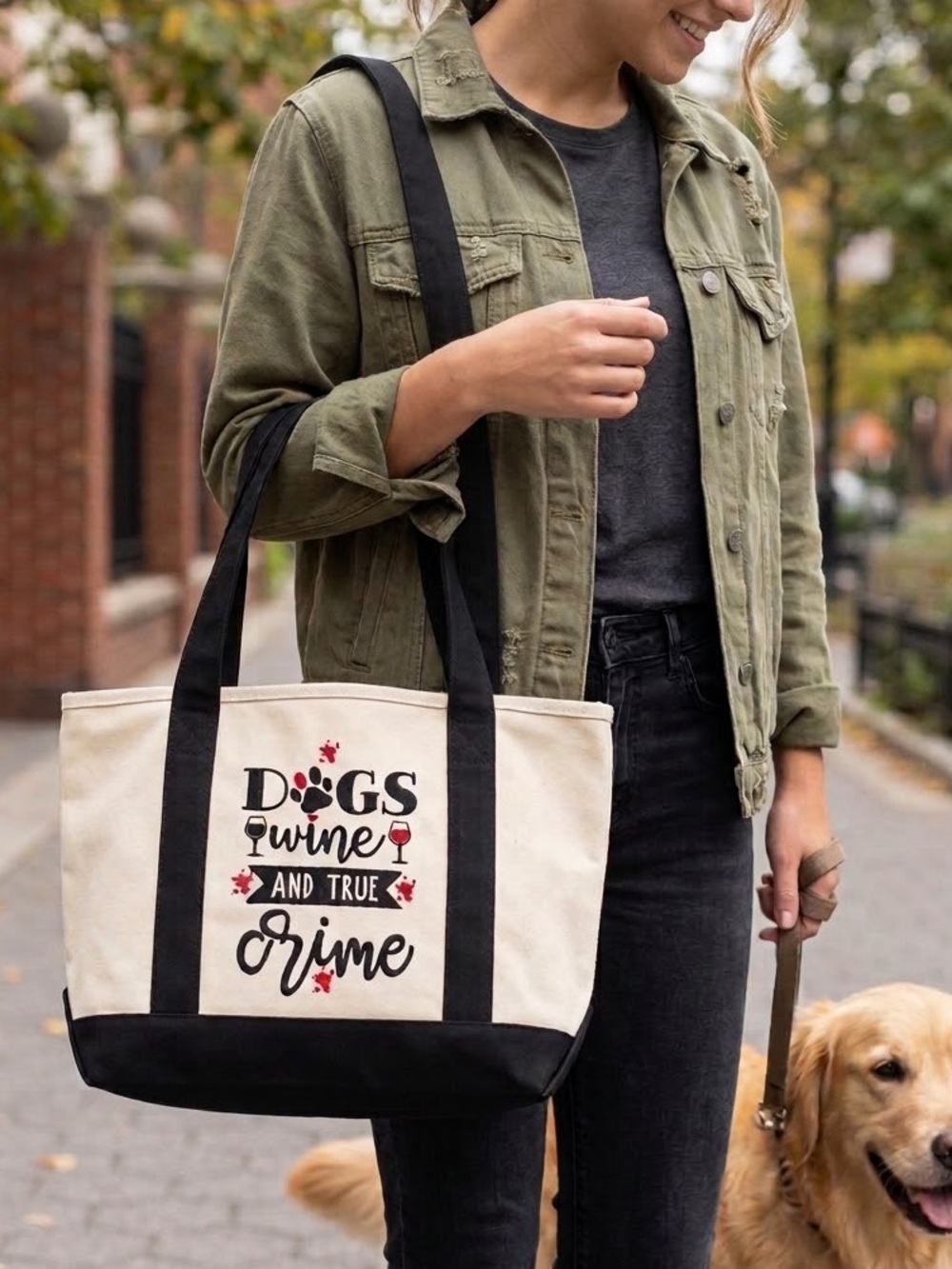 Dogs, wine and True Crime Canvas Dog Lovers Tote Bag - Black & Natural
